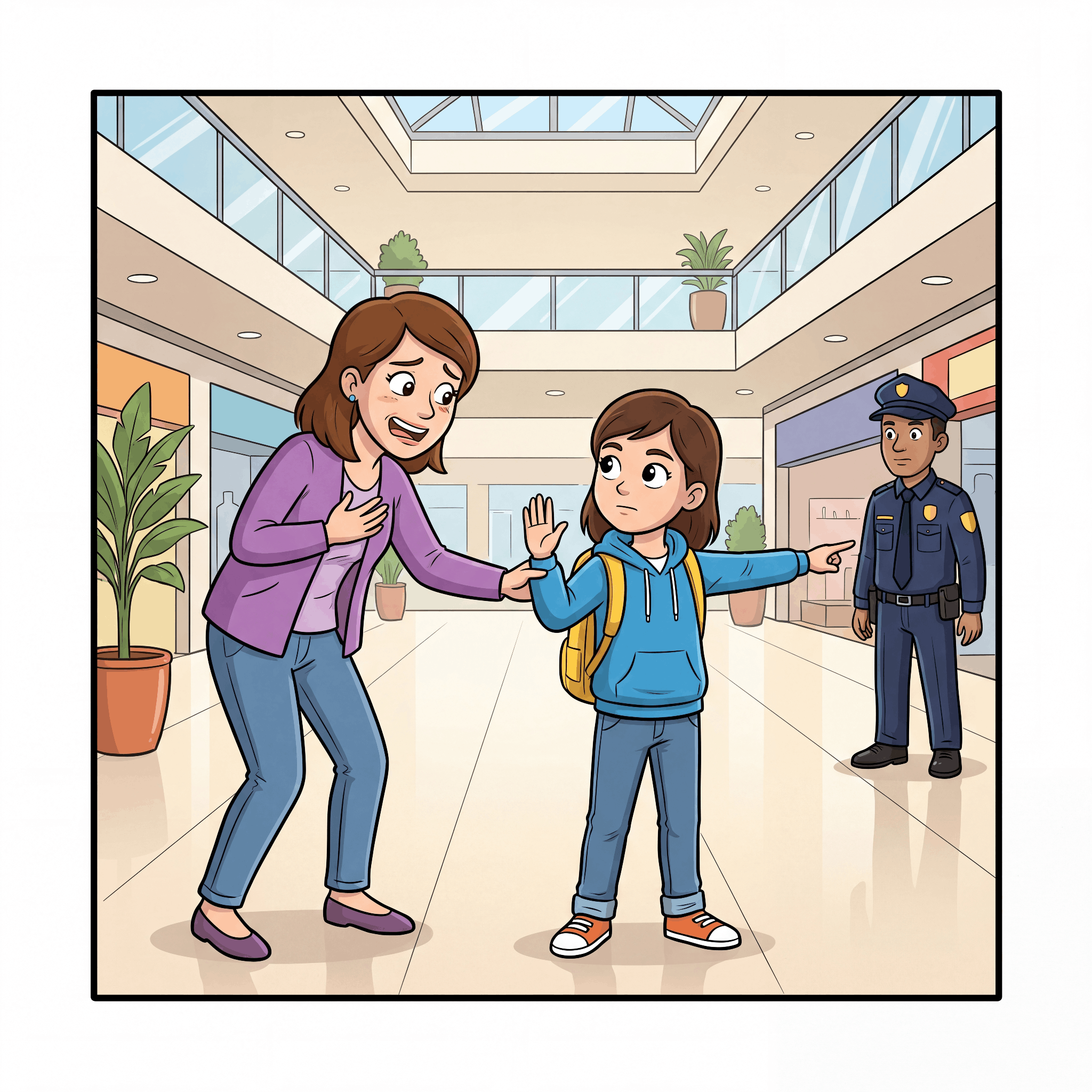 Comic panel: a woman in a mall asks a girl for help while the girl points toward a security guard