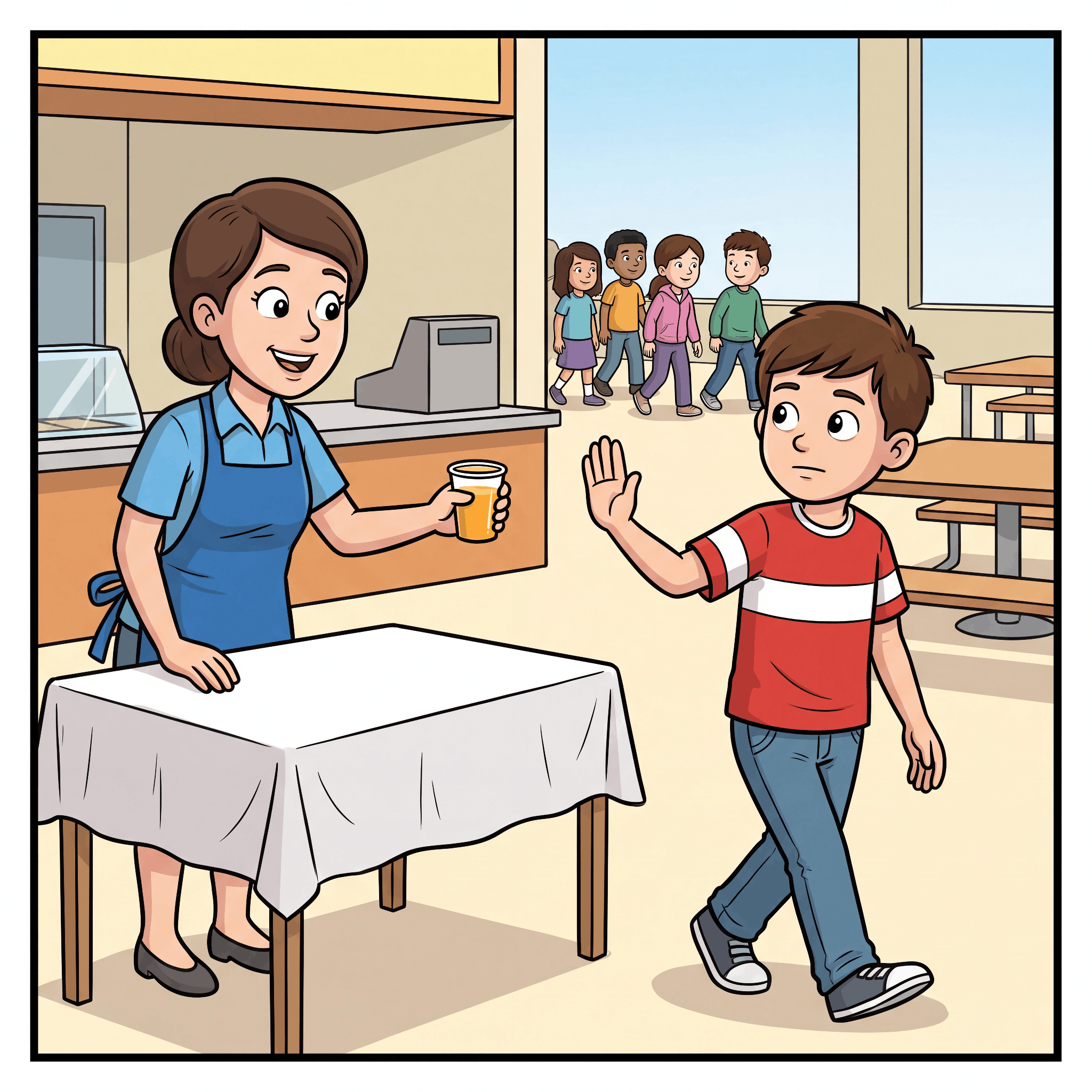 Comic panel: a woman offers a cup of juice at a sampling table while a boy declines and walks on